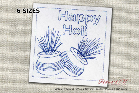 Holi Colorful Pots Redwork: A Vibrant Embroidery Design