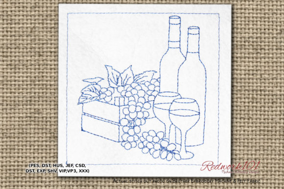 Wine with Grapes Redwork: A Festive Embroidery Design